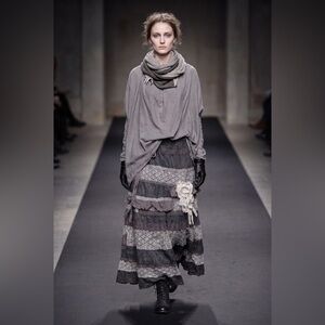 Hand Crafted Gray Tiered Boho Maxi Skirt with Lace Flowers